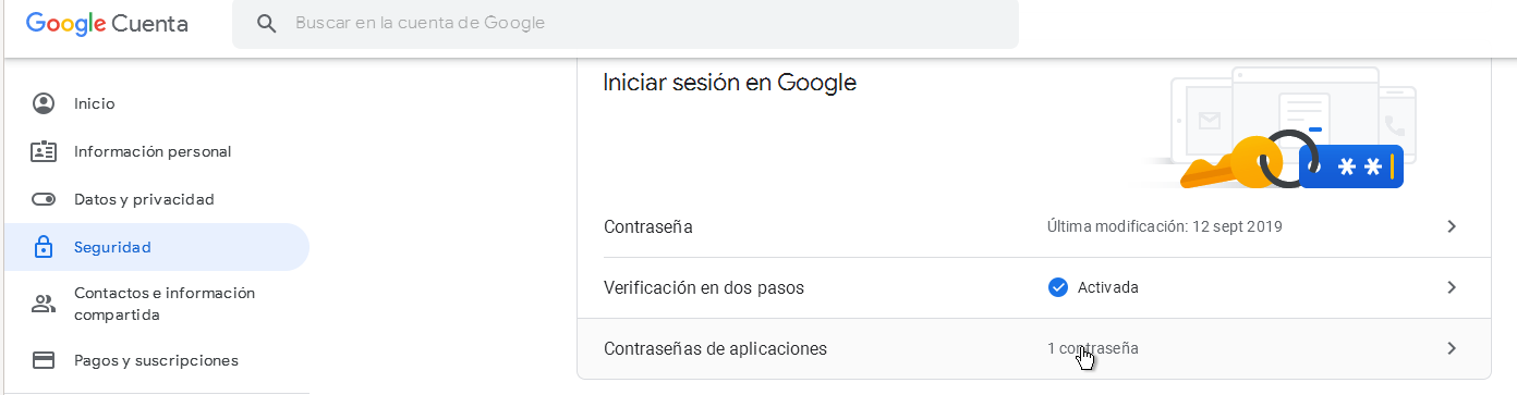 Creación de contraseña de aplicación en Google