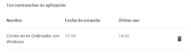 Contraseña de aplicación en Google creada