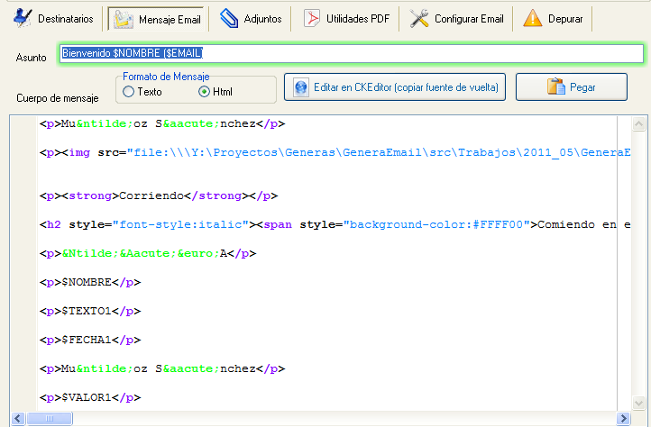 Configurar mensaje de email