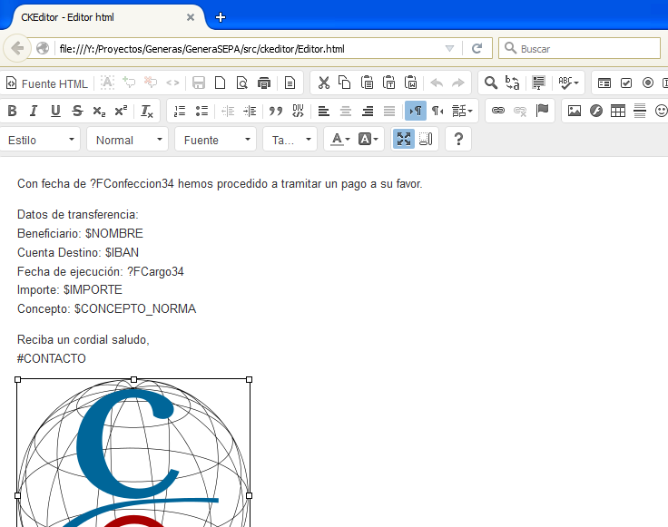 Editor de mensajes HTML de notificación