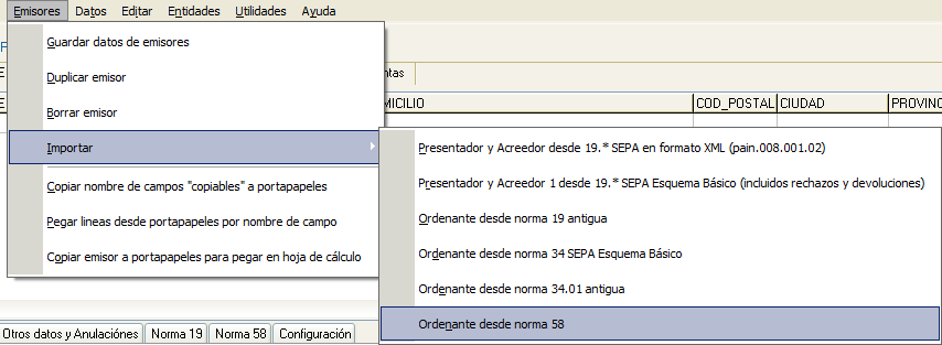 Importar emisor ordenante desde norma 58