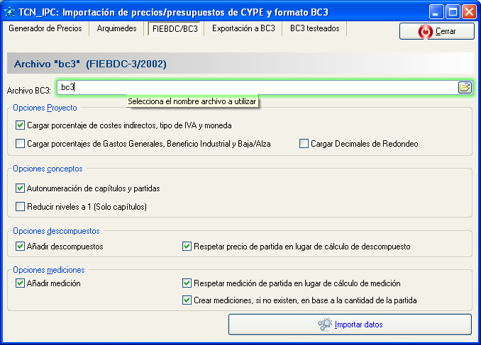Formulario de importación de archivos BC3