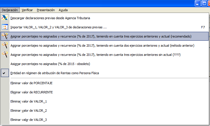 Opciones de cálculo de porcentajes de deducción