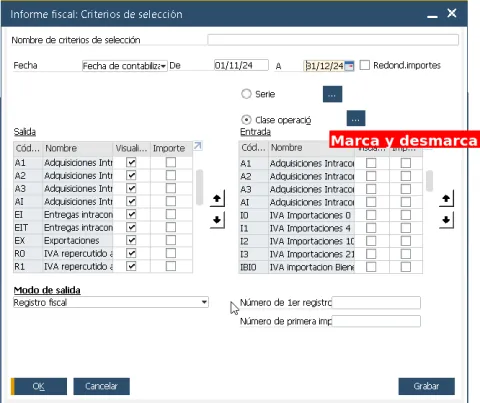 Informe de SAP Business One, selección de tipos de facturas